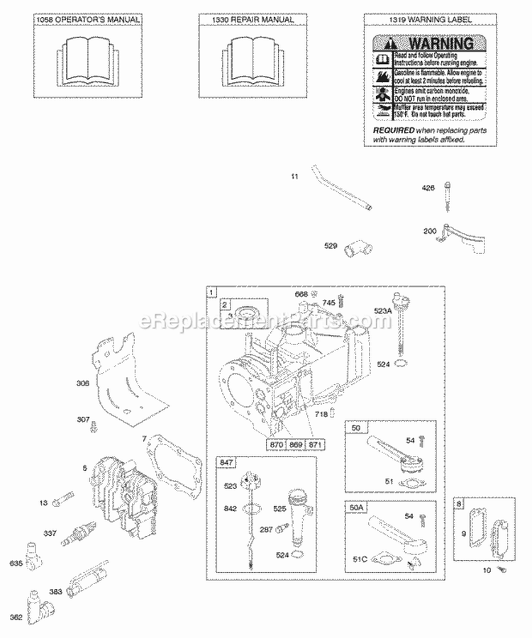 Cylinder Cylinder Head Lubrication OperatorS Manual Warning Label Diagram and Parts List for 09T702-0118-B1  Briggs and Stratton Engine